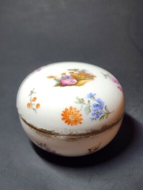 Porcelain Floral Trinket Box - White with Multicolor Flowers Made in Germany